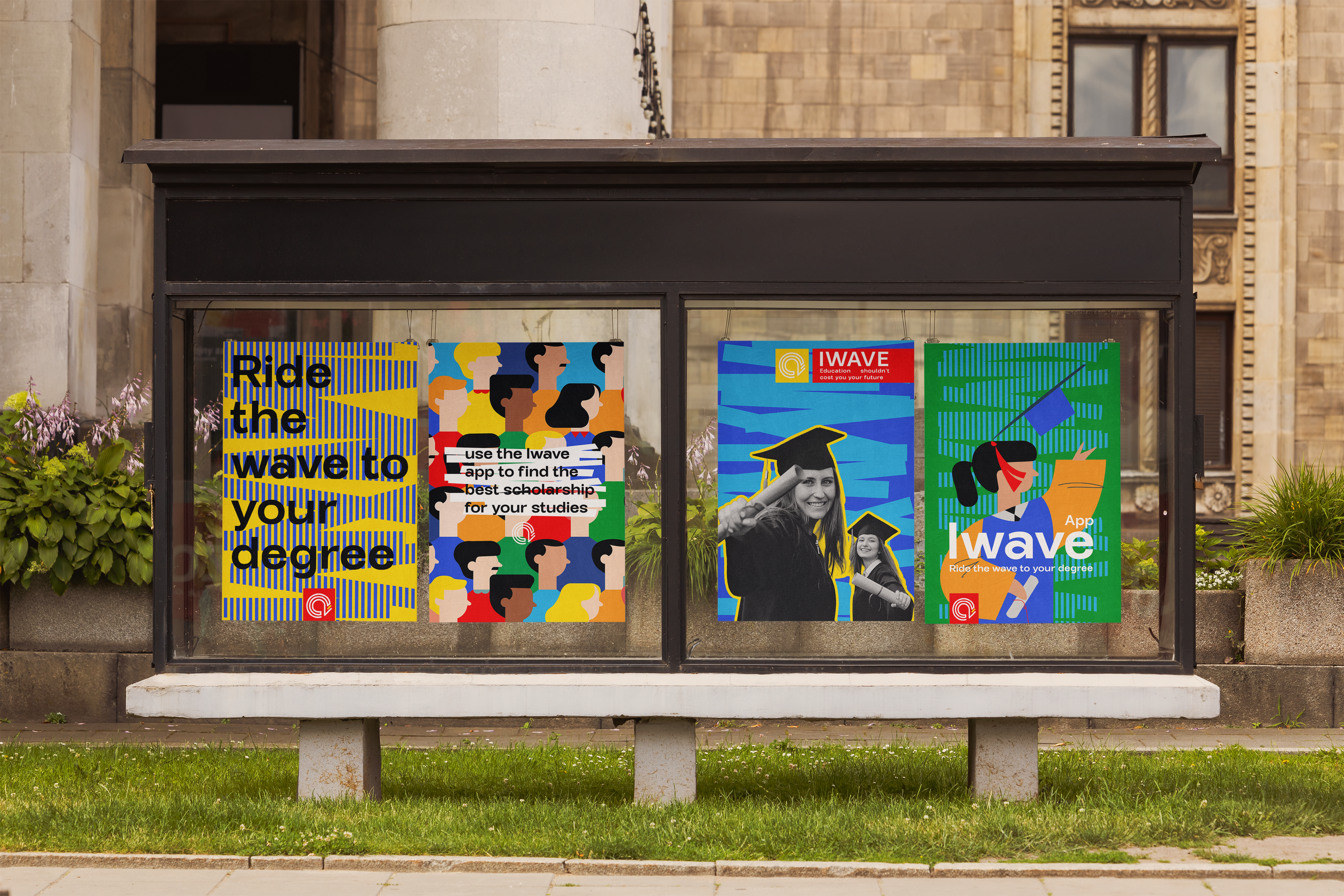Iwave poster mockup featuring four posters: a bold yellow Ride the wave to your degree typographic poster, an illustrated pattern poster with diverse faces, a black-and-white photo poster of graduates, and a green illustrated poster of a graduate throwing their cap