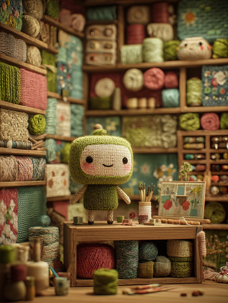 Picabon's main knitted character — a green-and-cream yarn figure standing in its cozy craft-room workshop