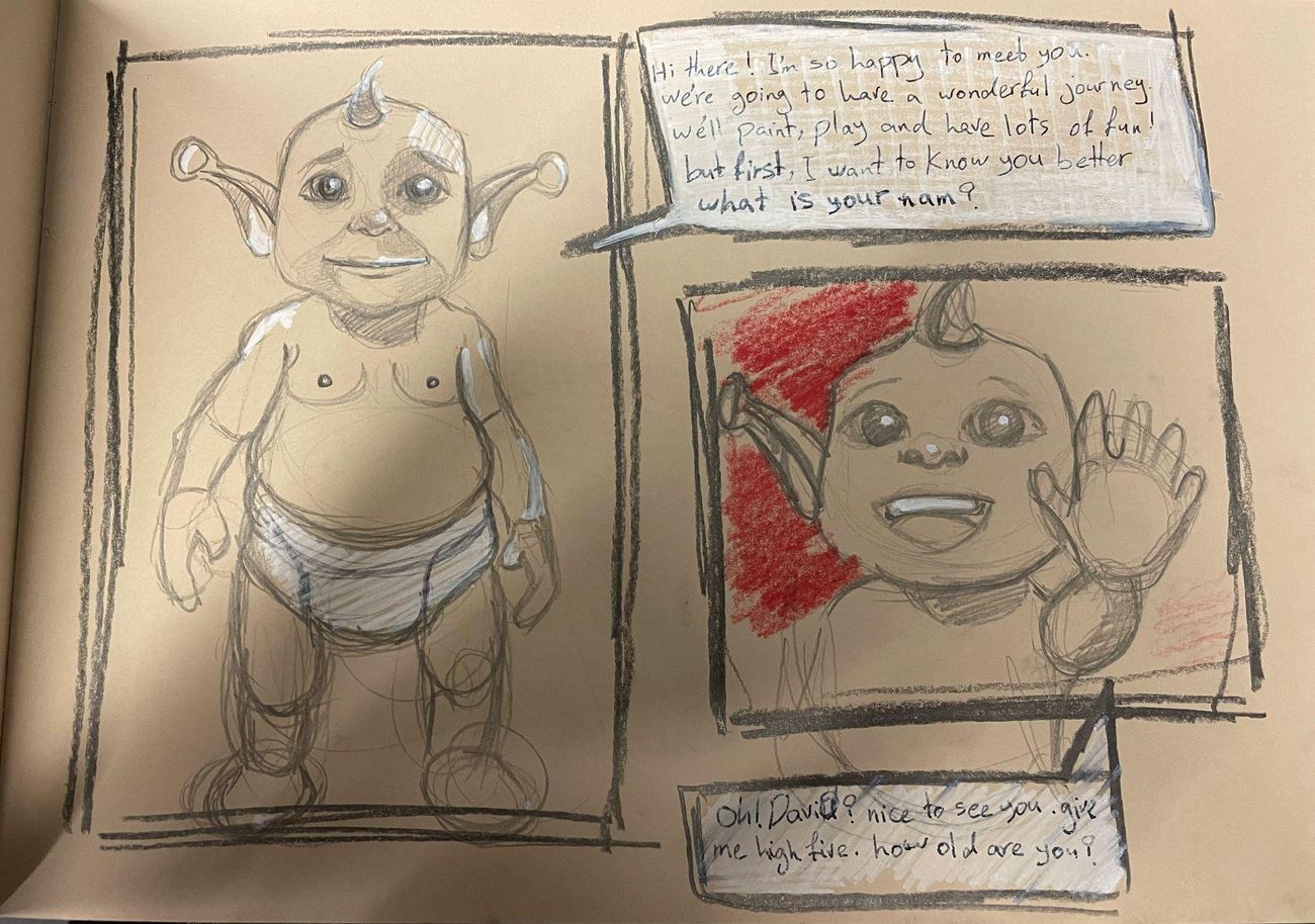 Hand-drawn sketch of the abandoned, Shrek-inspired first character
