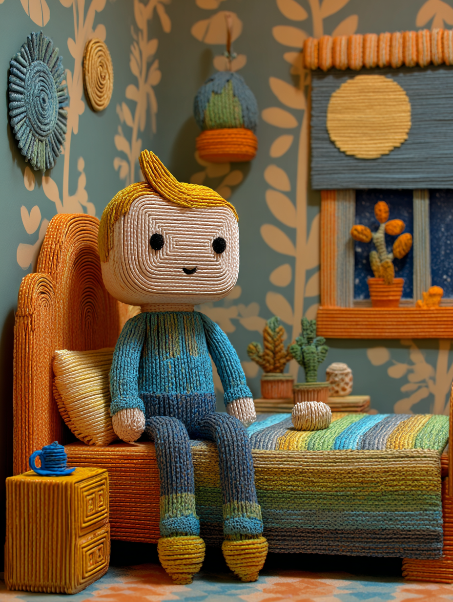 Knitted boy character sitting on a bed in a cozy illustrated bedroom, the reference mood image for Picabon's character direction