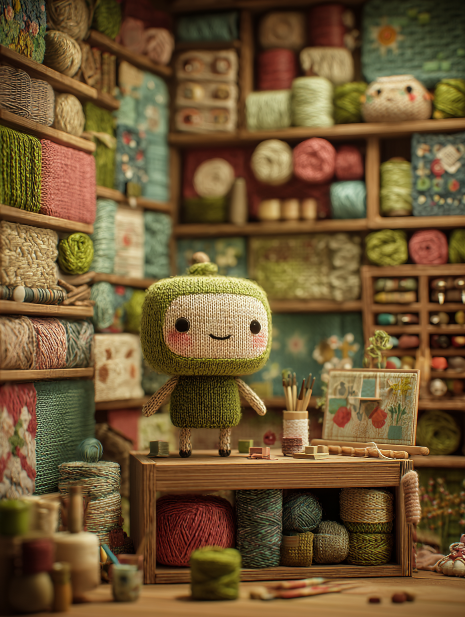 Finalized knitted character design shown standing on a workbench in a cozy craft room full of yarn