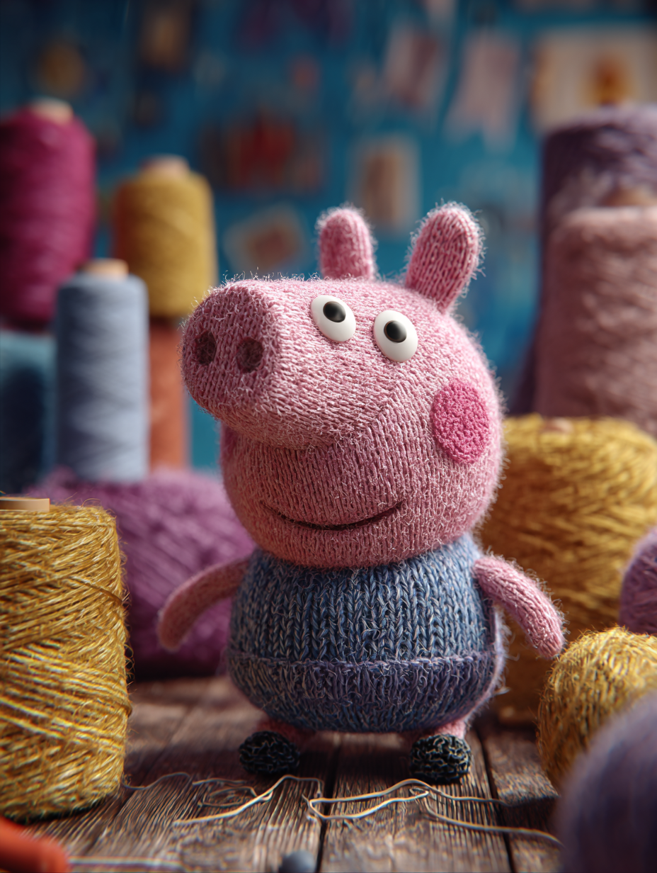 Knitted Peppa Pig-inspired character, imagined as Mia's AI avatar in the story